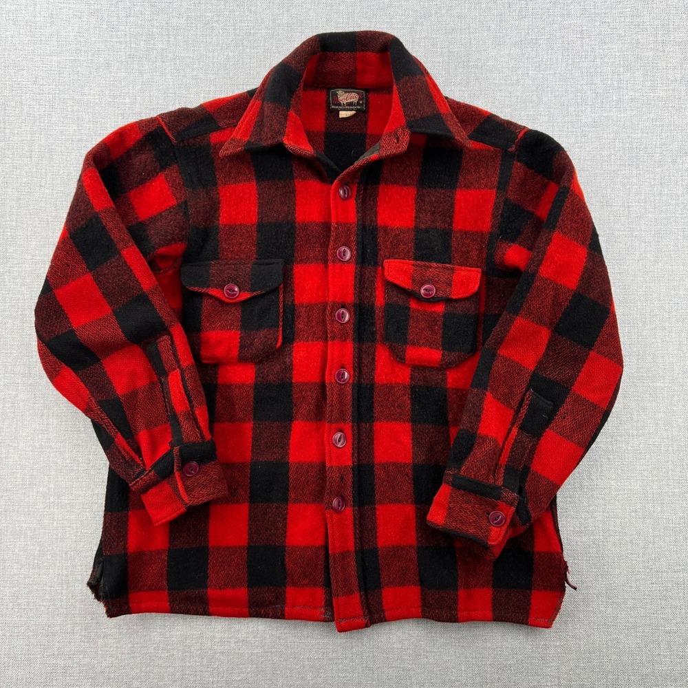 VTG 50s Woolrich Wool Flannel Shirt Jacket Mens 16 Small Red Black Buffalo Plaid